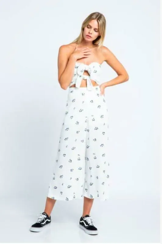London Garden White Floral Print Double Tie-Front Jumpsuit sold by Boho Pink