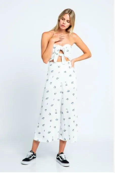 London Garden White Floral Print Double Tie-Front Jumpsuit sold by Boho Pink