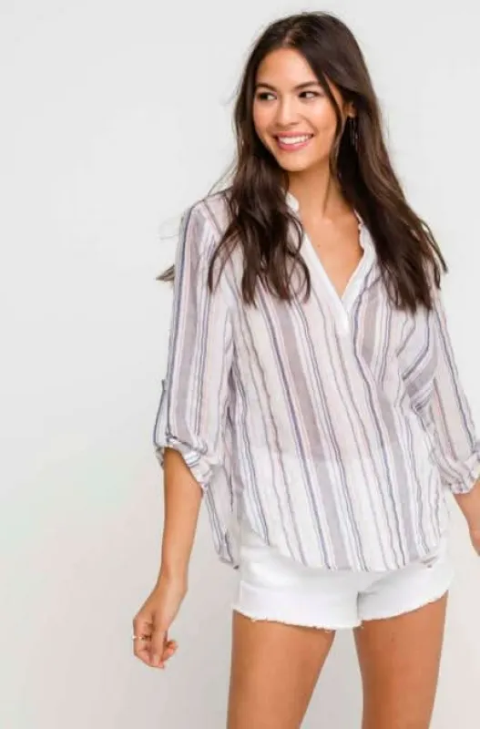 What Can I Say White Striped V-Neck Top sold by Boho Pink