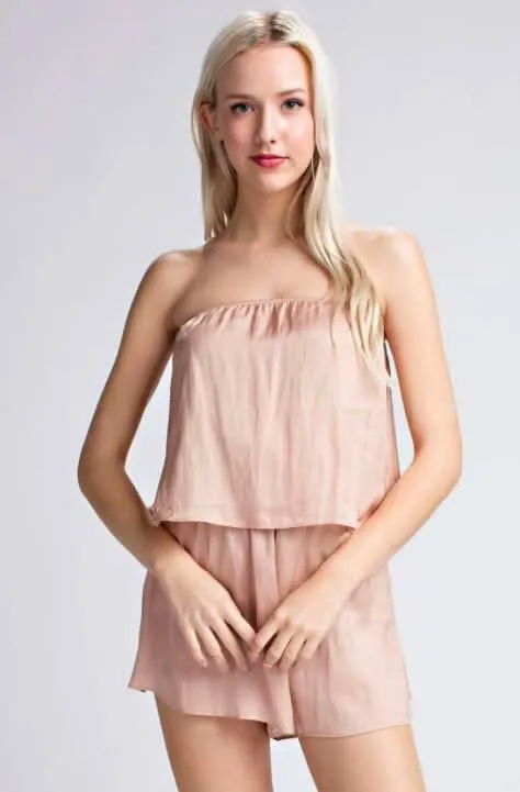 Gaea Champagne Blush Satin Strapless Romper sold by Boho Pink