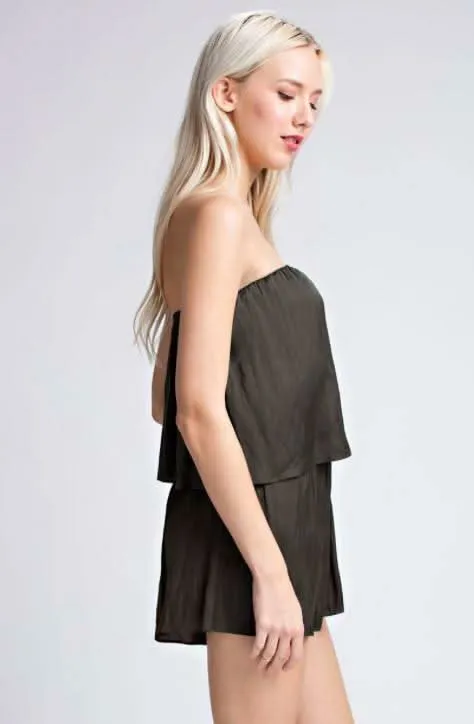 Gaea Olive Green Satin Strapless Romper sold by Boho Pink product image thumbnail 4