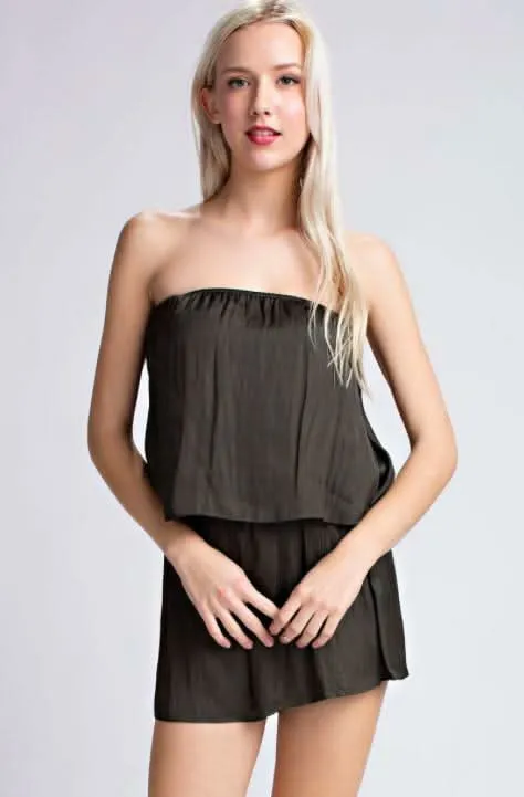 Gaea Olive Green Satin Strapless Romper sold by Boho Pink