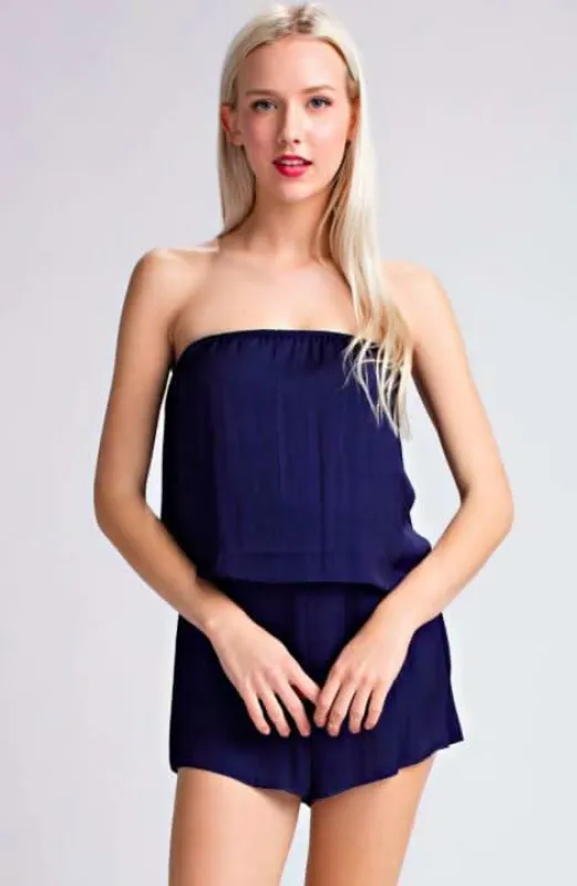 Gaea Navy Satin Strapless Romper sold by Boho Pink