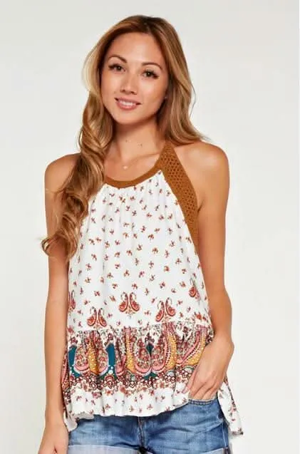 Erica Ivory Floral Print Crochet Halter Top sold by Boho Pink