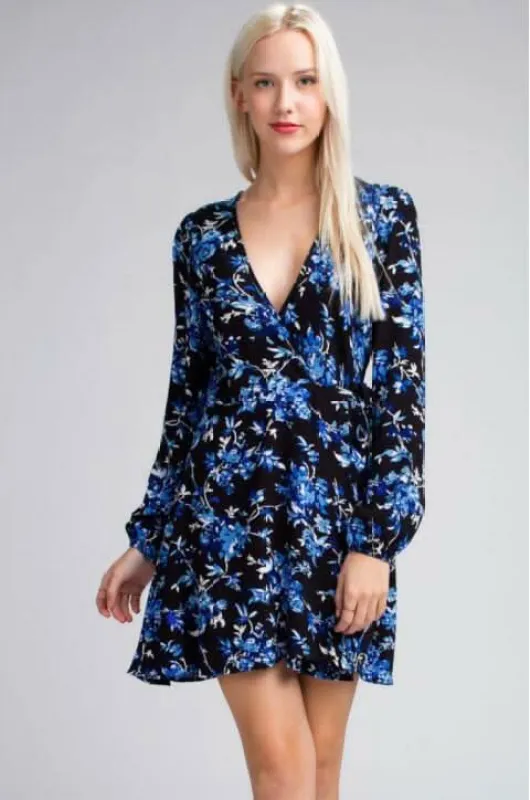 Middleton Black and Blue Floral Long Sleeve Wrap Dress made by Honey Punch