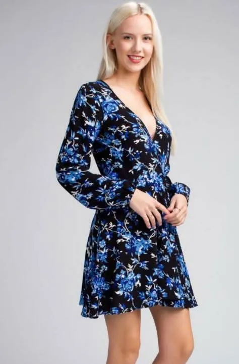 Middleton Black and Blue Floral Long Sleeve Wrap Dress sold by Boho Pink product image thumbnail 5