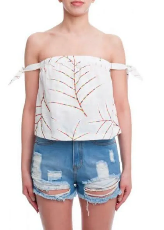 Palm Meadow White Off-Shoulder Tie Sleeve Top sold by Boho Pink