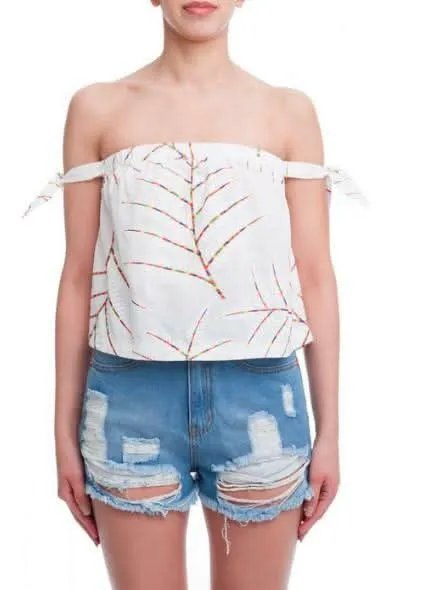 Palm Meadow White Off-Shoulder Tie Sleeve Top sold by Boho Pink