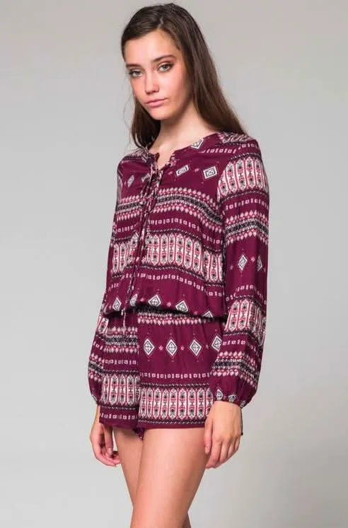 What's Happening Burgundy Boho Print Long Sleeve Romper sold by Boho Pink