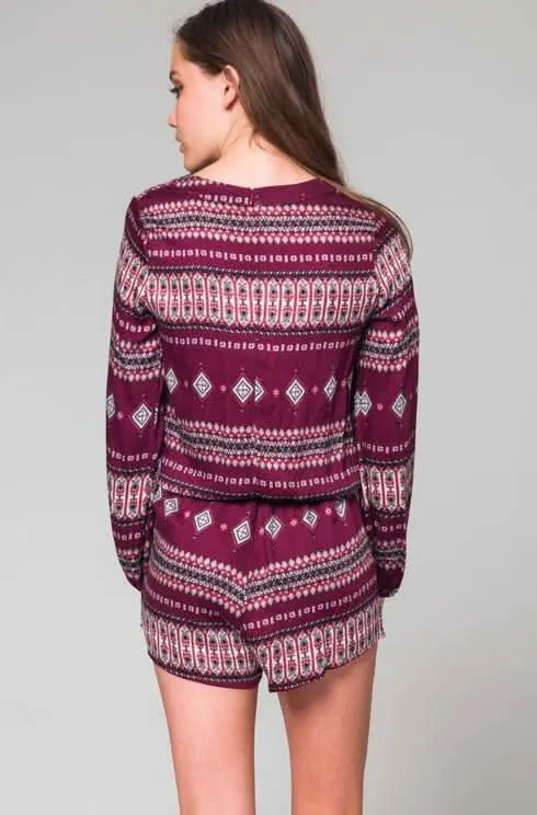 What's Happening Burgundy Boho Print Long Sleeve Romper sold by Boho Pink product image thumbnail 2