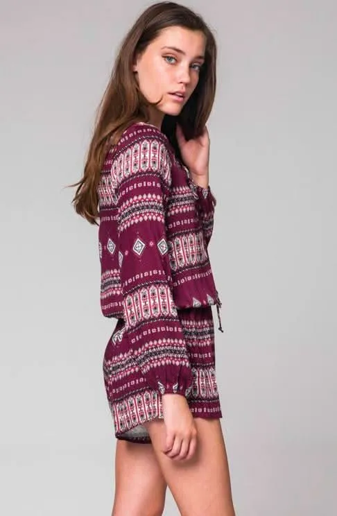 What's Happening Burgundy Boho Print Long Sleeve Romper sold by Boho Pink product image thumbnail 3