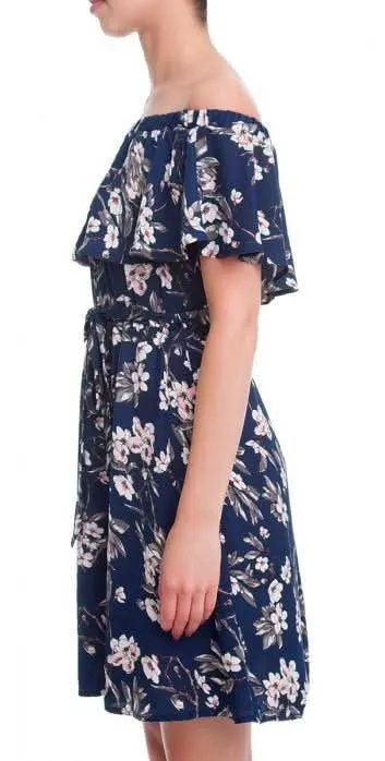 Bloom Zeal Navy Floral Print Off-The-Shoulder Ruffle Dress sold by Boho Pink product image thumbnail 2