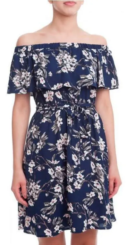 Bloom Zeal Navy Floral Print Off-The-Shoulder Ruffle Dress sold by Boho Pink