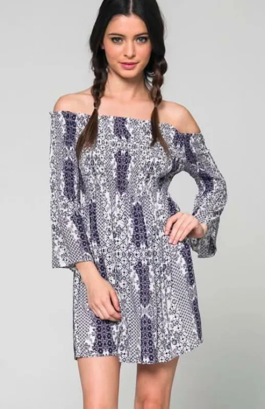 Soma Navy  Print Off-The-Shoulder Flared Dress sold by Boho Pink