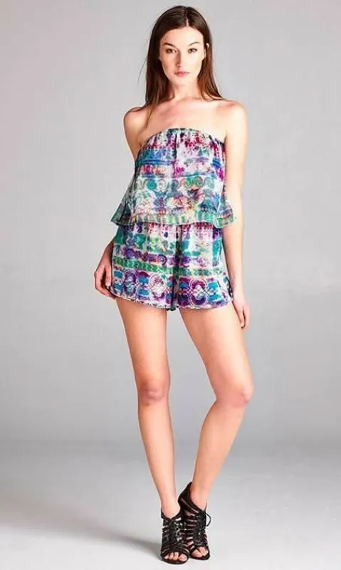 Escape Jewel Print Strapless Romper sold by Boho Pink