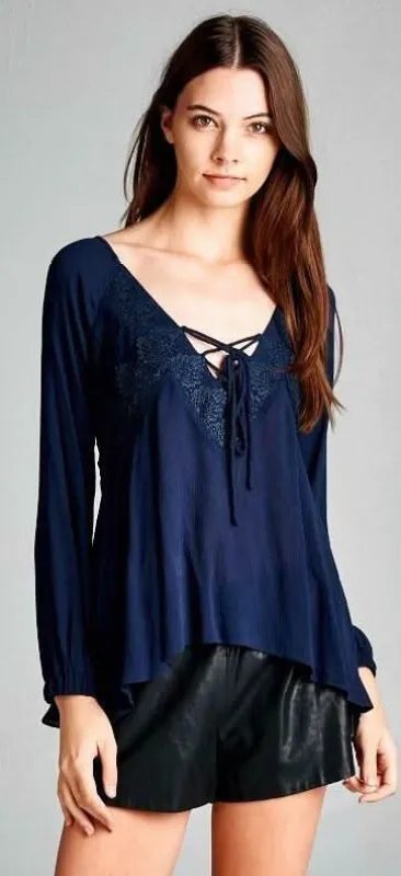 Love Yourself Navy Lace-Up Blouse sold by Boho Pink