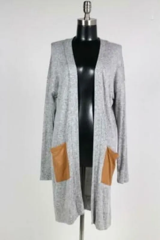 Fancy Focus Grey Suede Patch Pocket Cardigan made by Boho Pink