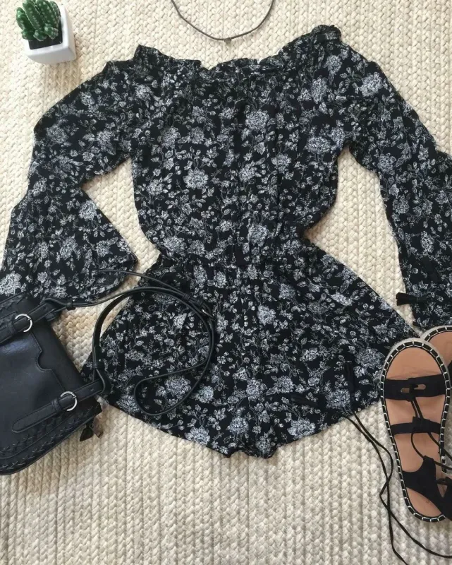 Brenda Black and White Floral Off-the-Shoulder Romper sold by Boho Pink