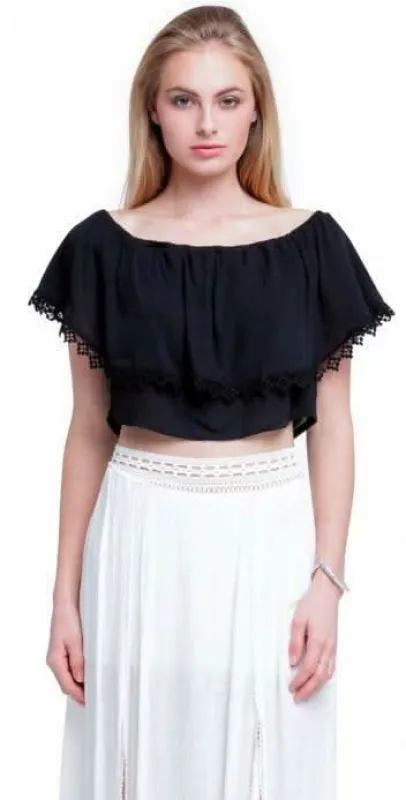 Gypsy Spell Black Off-the-Shoulder Ruffle  Crop Top sold by Boho Pink