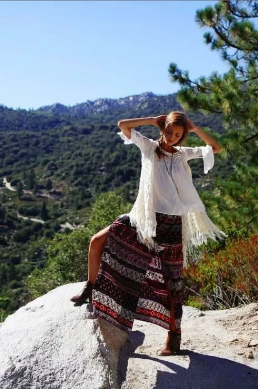 En Créme Cream Mixed Media Fringed Vest sold by Boho Pink