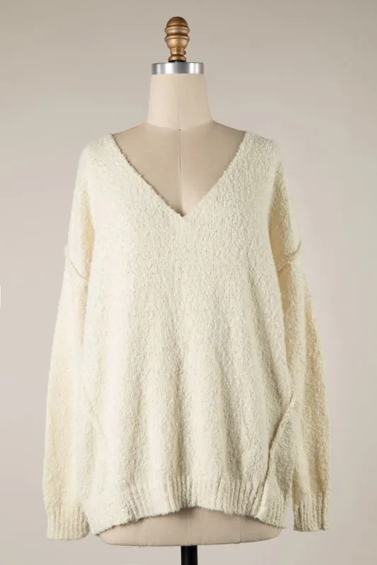 Harlow Cream V-Neck Pullover Sweater sold by Boho Pink