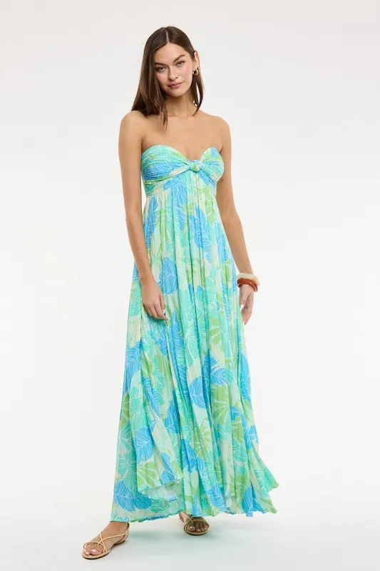 Willow Blue and Green Tropical Print Strapless Maxi Dress made by Sky to Moon 