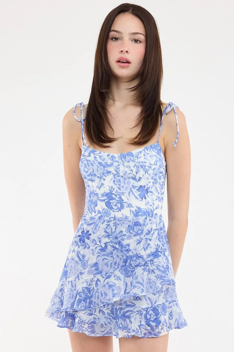 Liana Blue Floral Ruffle Romper Dress sold by Boho Pink
