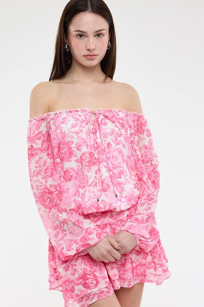 Pixie Pink Floral Off The Shoulder Romper Dress sold by Boho Pink product image thumbnail 3
