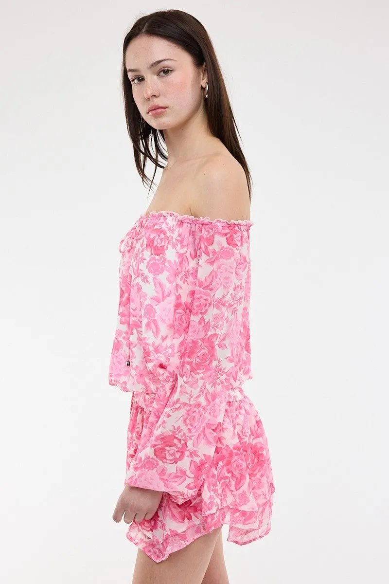 Pixie Pink Floral Off The Shoulder Romper Dress sold by Boho Pink product image thumbnail 4