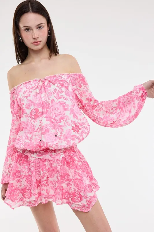 Pixie Pink Floral Off The Shoulder Romper Dress made by Sky to Moon 