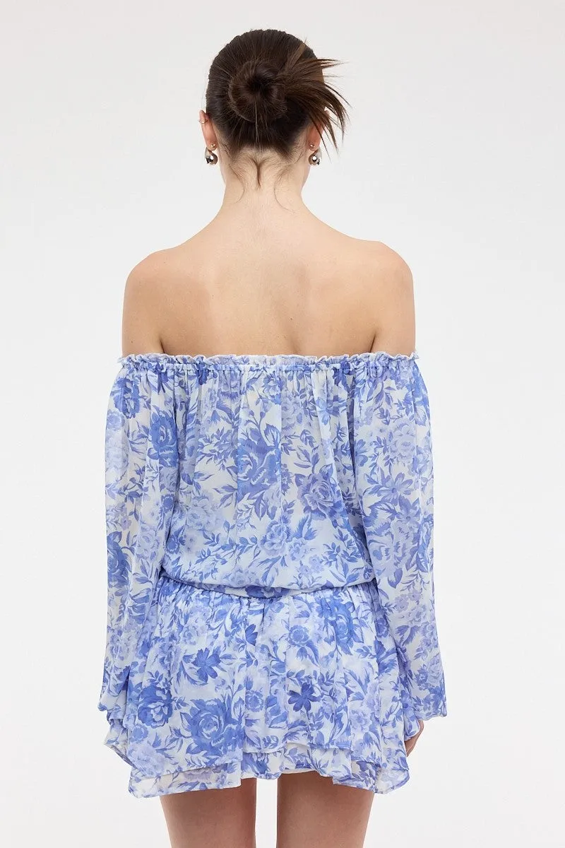 Pixie Blue Floral Off The Shoulder Romper Dress sold by Boho Pink product image thumbnail 5