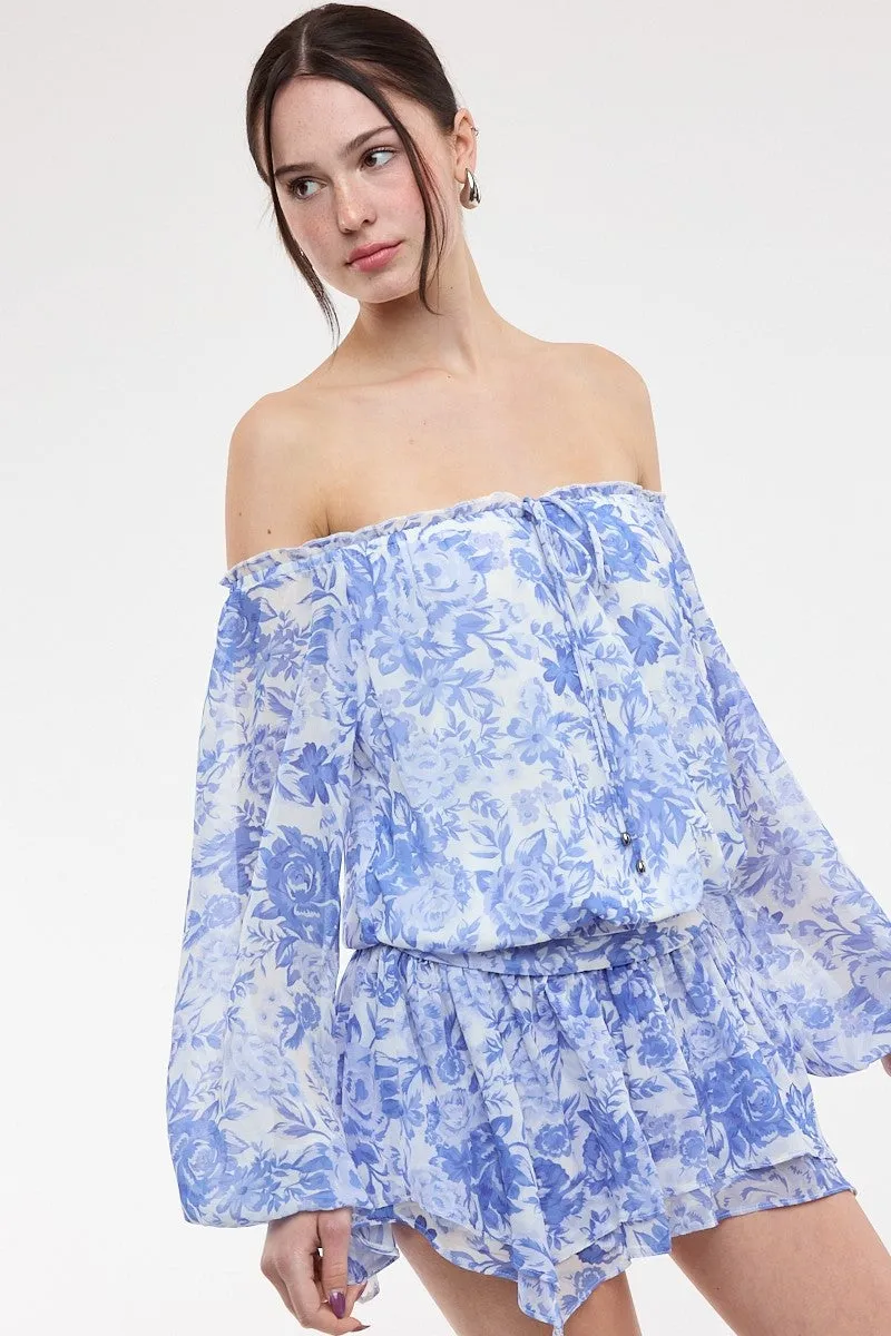 Pixie Blue Floral Off The Shoulder Romper Dress sold by Boho Pink