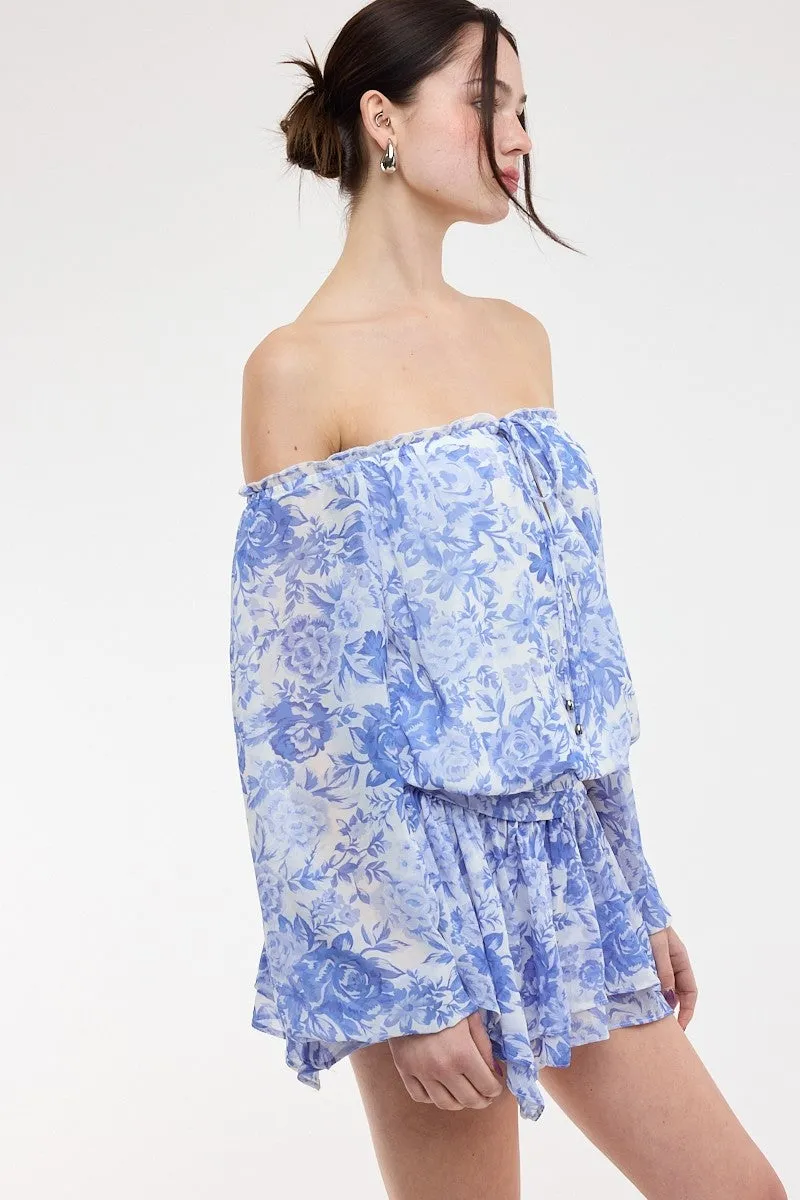 Pixie Blue Floral Off The Shoulder Romper Dress sold by Boho Pink product image thumbnail 4