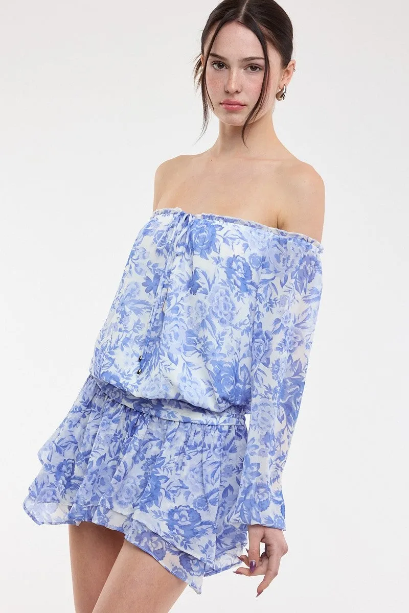 Pixie Blue Floral Off The Shoulder Romper Dress sold by Boho Pink product image thumbnail 3