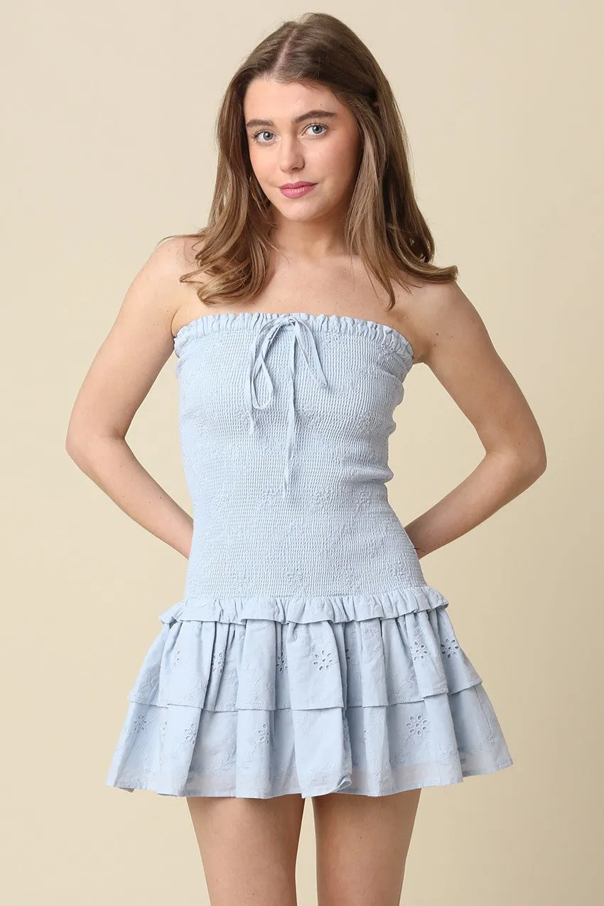 Aimee Light Blue Eyelet Strapless Mini Dress sold by Boho Pink