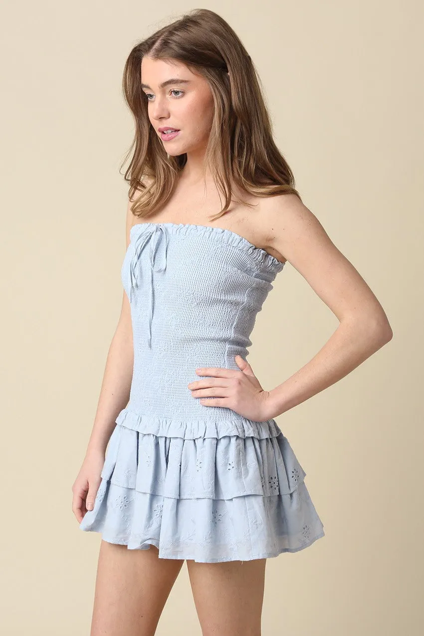 Aimee Light Blue Eyelet Strapless Mini Dress sold by Boho Pink product image thumbnail 2