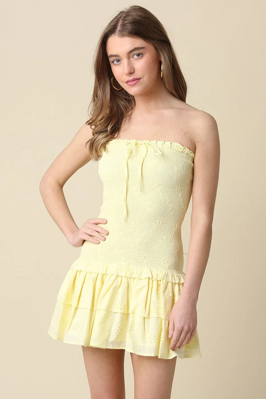 Aimee Yellow Eyelet Strapless Mini Dress sold by Boho Pink