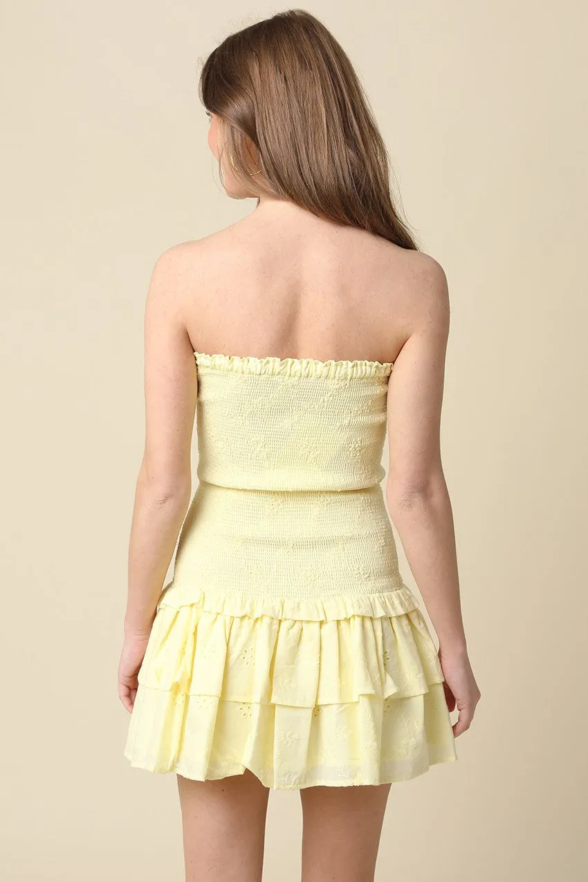 Aimee Yellow Eyelet Strapless Mini Dress sold by Boho Pink product image thumbnail 3