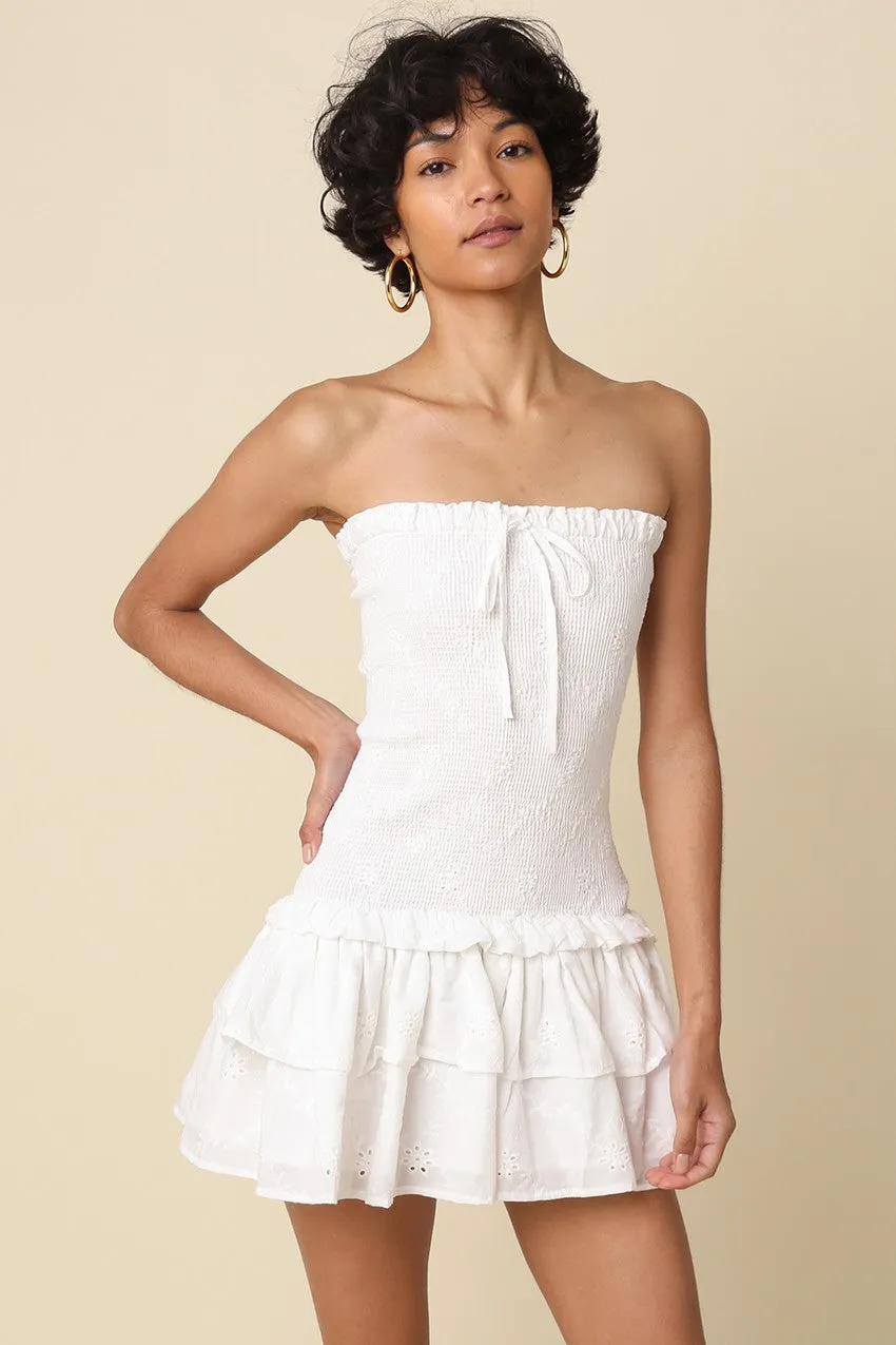 Aimee White Eyelet Strapless Mini Dress sold by Boho Pink