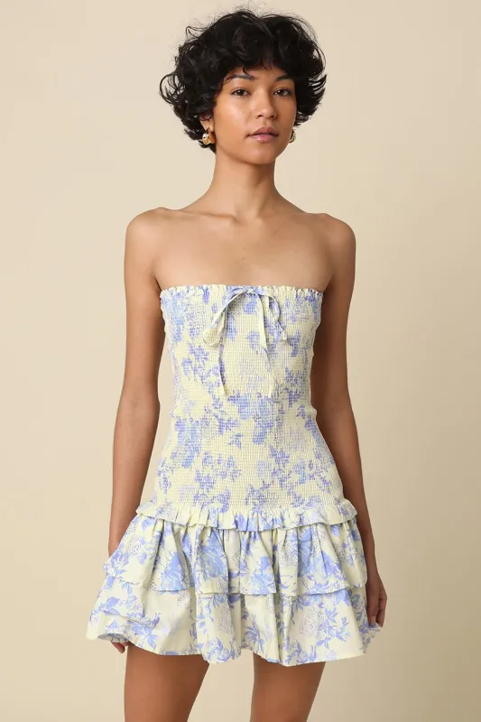 Aimee Cream & Blue Floral Strapless Mini Dress sold by Boho Pink