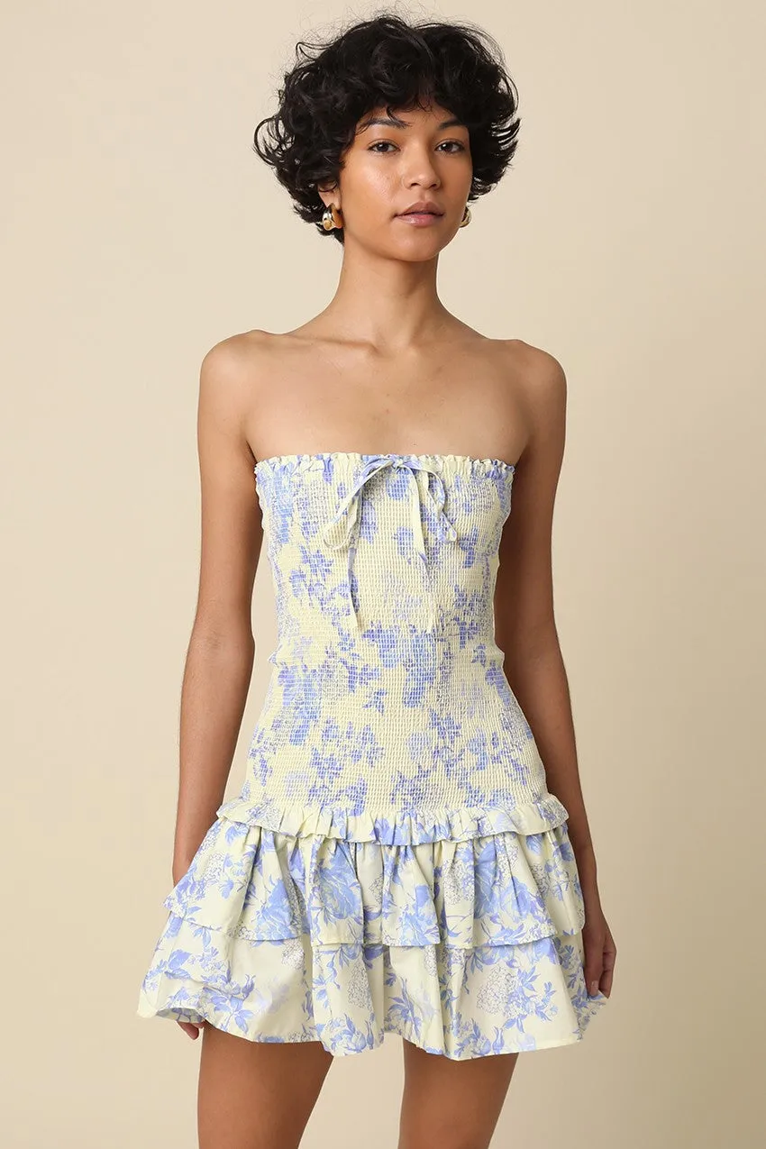 Aimee Cream & Blue Floral Strapless Mini Dress sold by Boho Pink