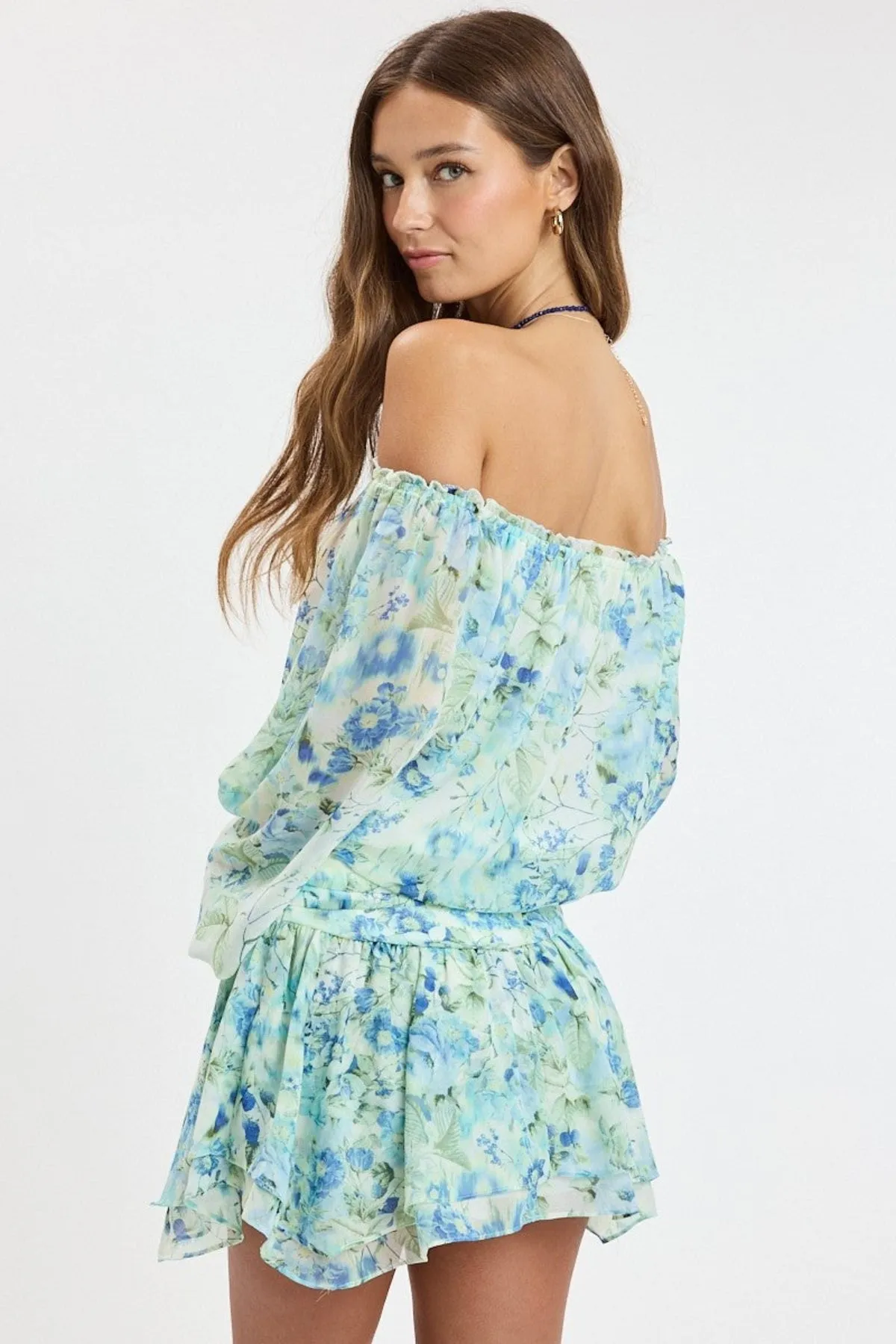 Pixie Blue Watercolor Floral Off The Shoulder Romper Dress sold by Boho Pink product image thumbnail 4