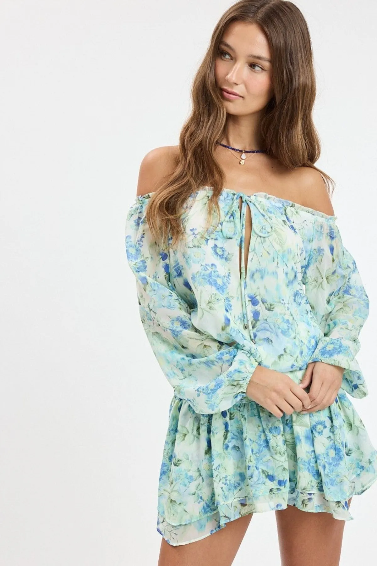 Pixie Blue Watercolor Floral Off The Shoulder Romper Dress sold by Boho Pink product image thumbnail 2