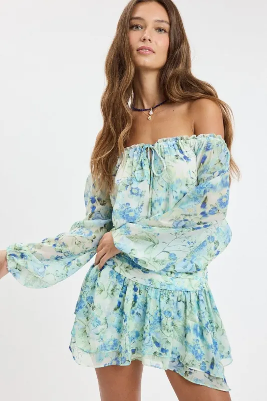 Pixie Blue Watercolor Floral Off The Shoulder Romper Dress made by Sky to Moon 