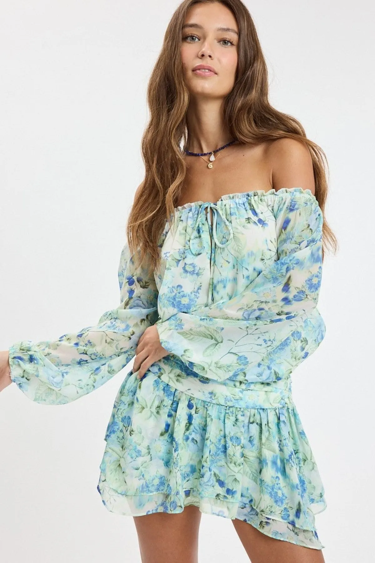 Pixie Blue Watercolor Floral Off The Shoulder Romper Dress sold by Boho Pink