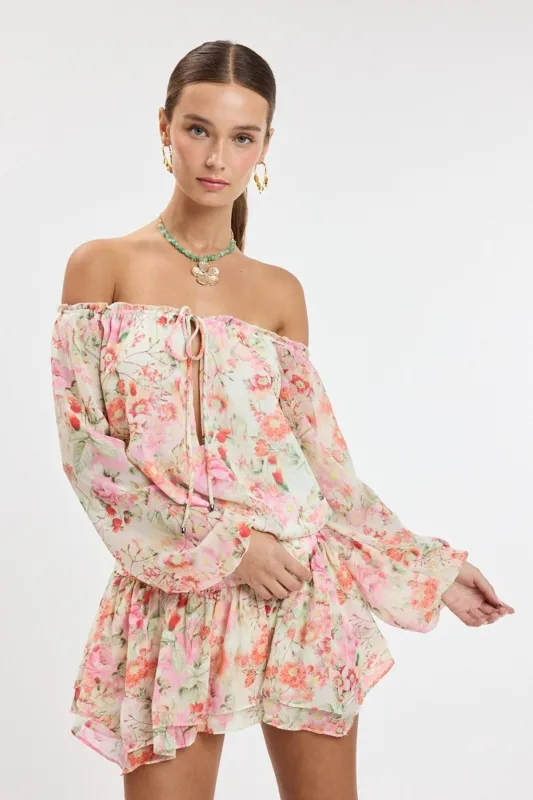 Pixie Pink Watercolor Floral Off The Shoulder Romper Dress made by Sky to Moon 