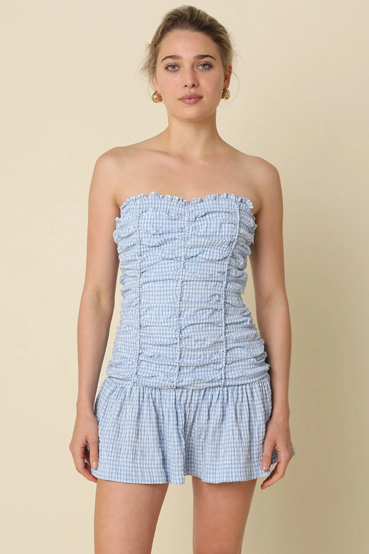Taryn Blue Gingham Strapless Mini Dress sold by Boho Pink