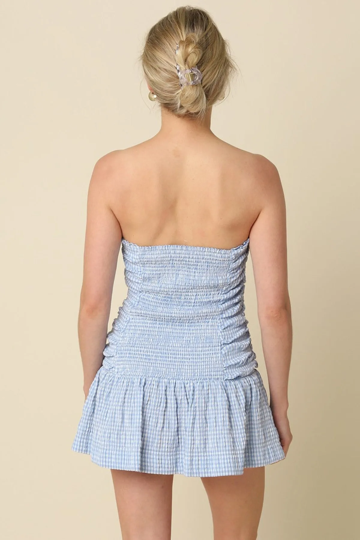 Taryn Blue Gingham Strapless Mini Dress sold by Boho Pink product image thumbnail 4