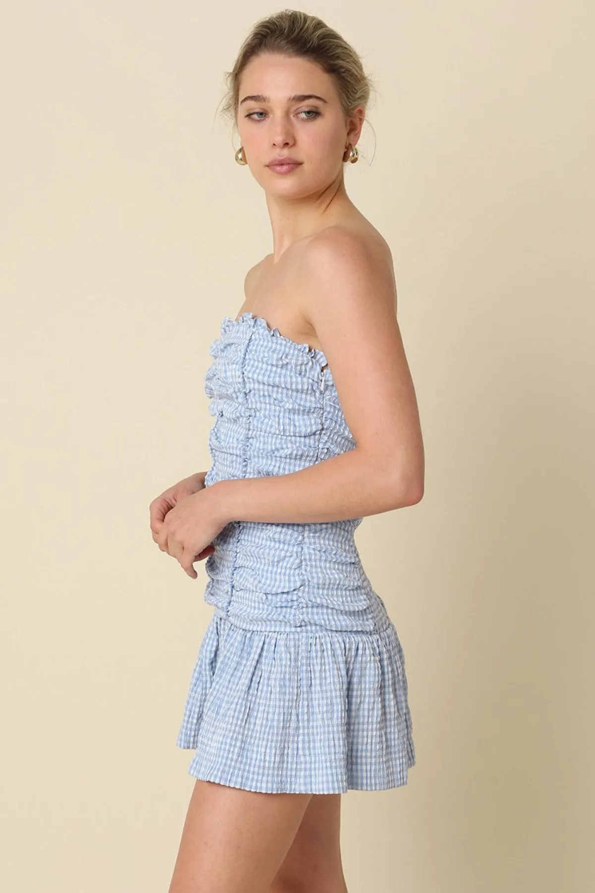 Taryn Blue Gingham Strapless Mini Dress sold by Boho Pink product image thumbnail 3