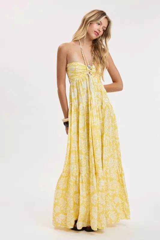 Brisa Yellow Tropical Floral Strapless Maxi Dress made by Sky to Moon